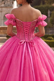 Sparkly Fuchsia Princess Long Corset Off the Shoulder Beaded Quinceanera Dress