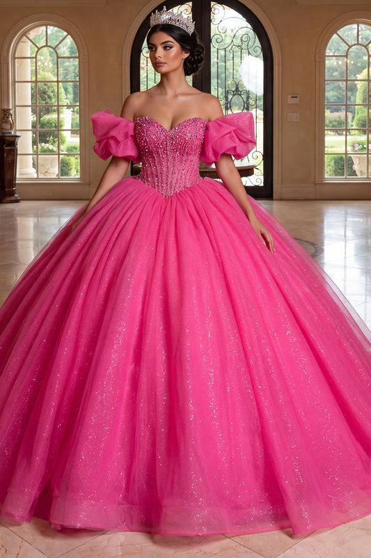 Strapless Sparkly Fuchsia Princess Long Corset Beaded Quinceanera Dress