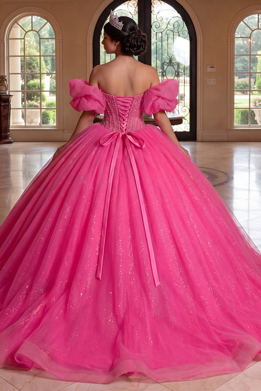 Strapless Sparkly Fuchsia Princess Long Corset Beaded Quinceanera Dress