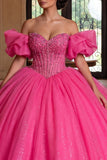 Strapless Sparkly Fuchsia Princess Long Corset Beaded Quinceanera Dress