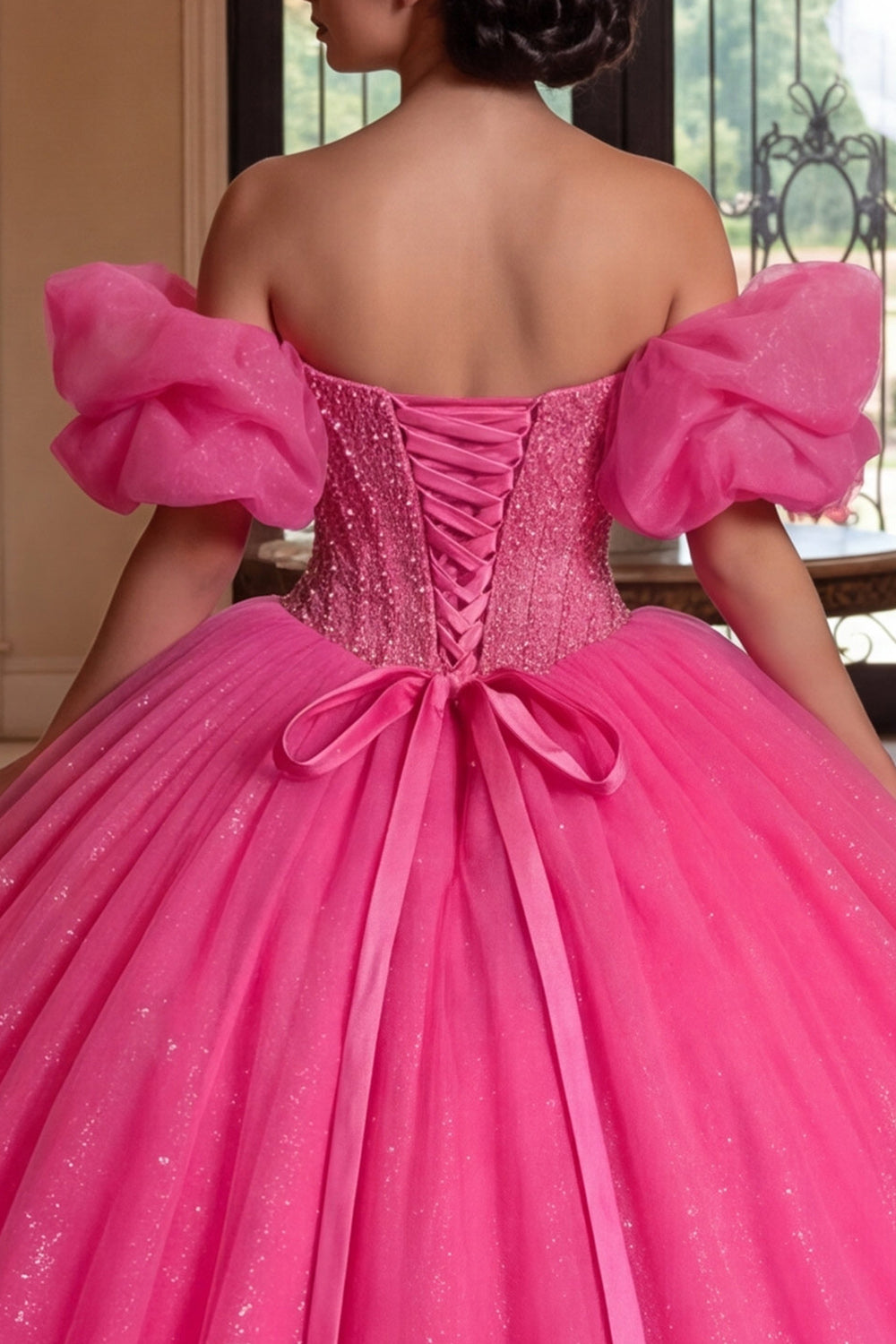 Strapless Sparkly Fuchsia Princess Long Corset Beaded Quinceanera Dress