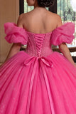 Strapless Sparkly Fuchsia Princess Long Corset Beaded Quinceanera Dress