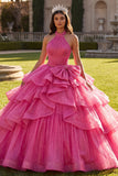 Halter Sparkly Fuchsia Princess Long Ruched Beaded Quinceanera Dress with Ruffles