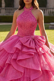 Halter Sparkly Fuchsia Princess Long Ruched Beaded Quinceanera Dress with Ruffles