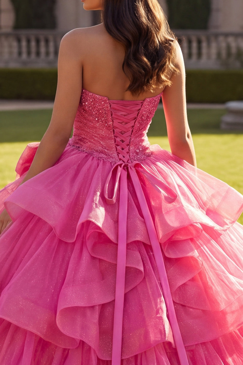 Halter Sparkly Fuchsia Princess Long Ruched Beaded Quinceanera Dress with Ruffles