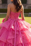 Halter Sparkly Fuchsia Princess Long Ruched Beaded Quinceanera Dress with Ruffles