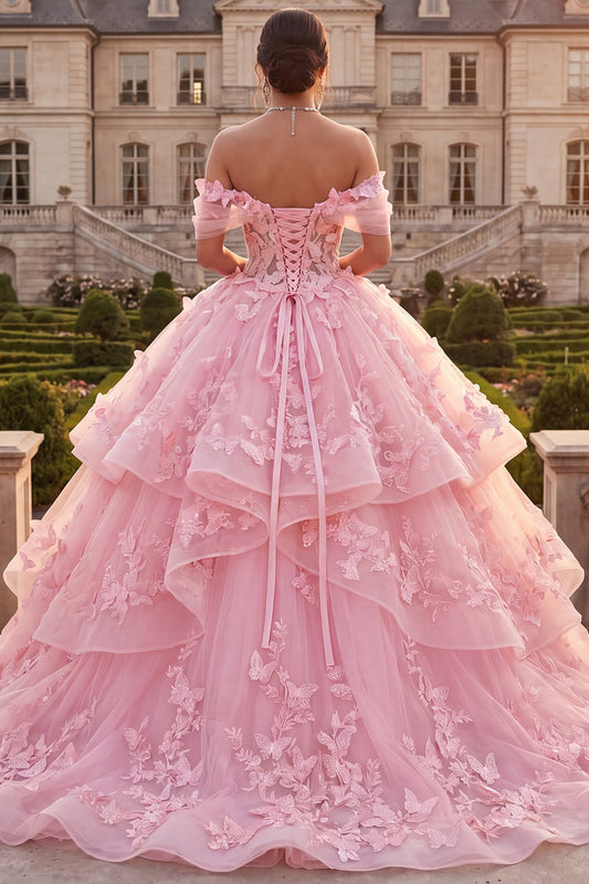 Zapakasa Women Pink Butterflies Long Quinceanera Dress with Ruffles Princess  Off the Shoulder Lace Up Back Ball Gown Sweet 16 Dress