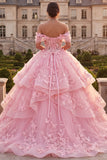 Long Pink Off the Shoulder Butterflies Princess Quinceanera Dress with Ruffles