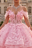 Long Pink Off the Shoulder Butterflies Princess Quinceanera Dress with Ruffles