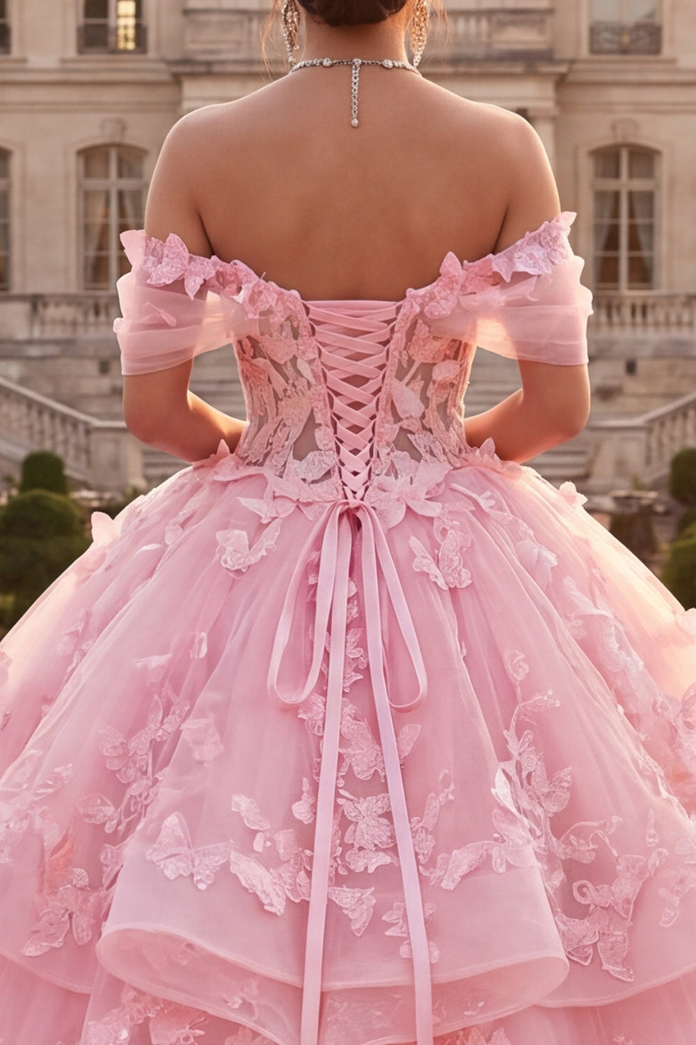 Long Pink Off the Shoulder Butterflies Princess Quinceanera Dress with Ruffles