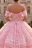 Long Pink Off the Shoulder Butterflies Princess Quinceanera Dress with Ruffles