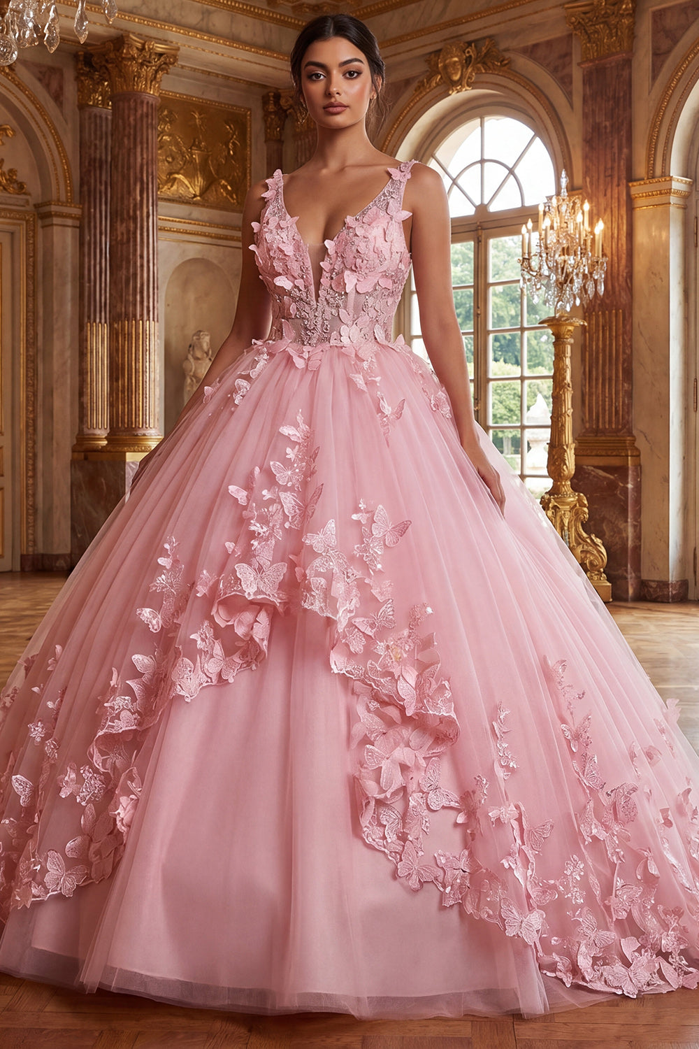 V-Neck Corset Long Pink Princess Quinceanera Dress with Butterflies