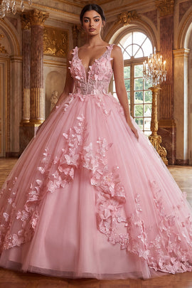 V-Neck Corset Long Pink Princess Quinceanera Dress with Butterflies