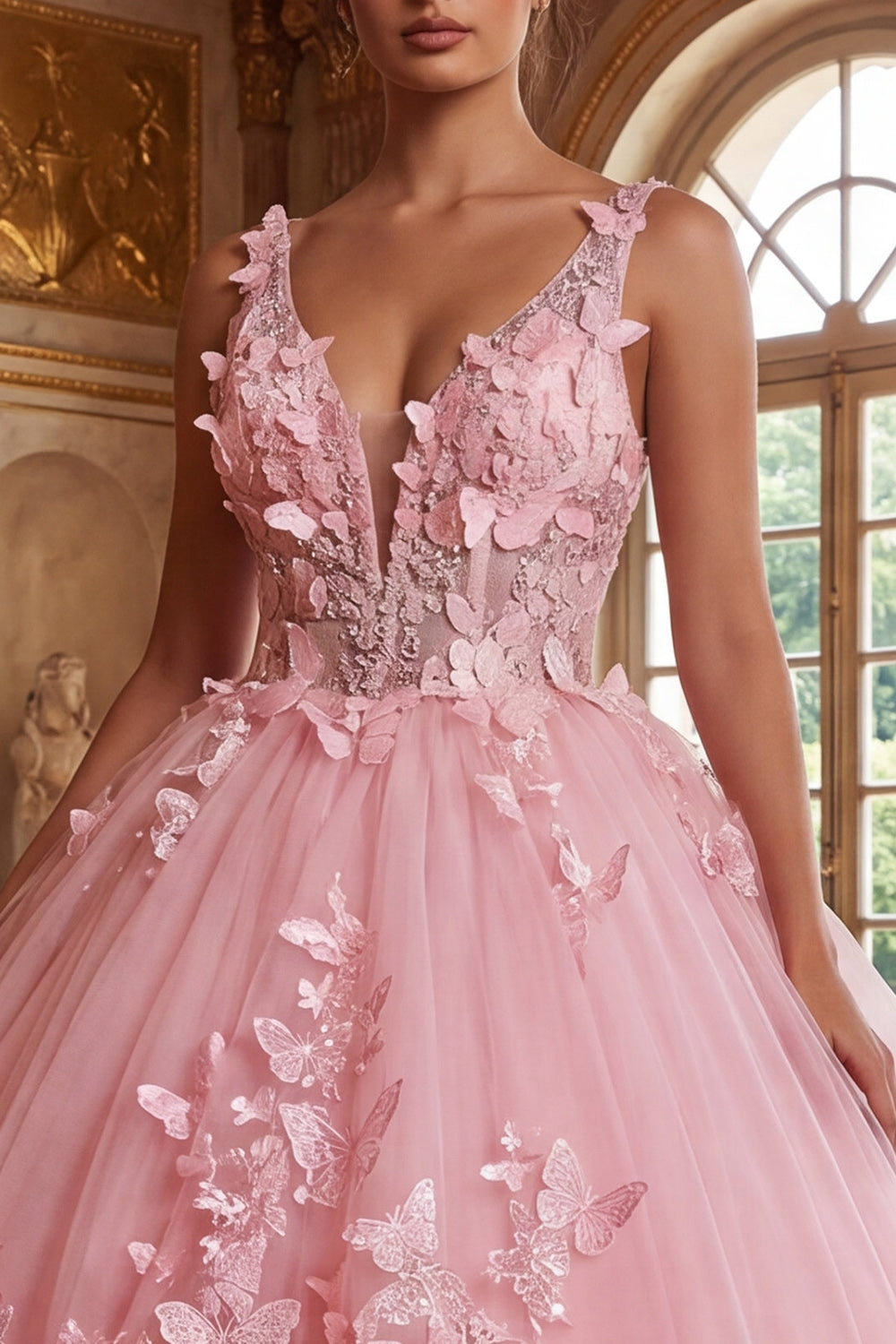 V-Neck Corset Long Pink Princess Quinceanera Dress with Butterflies