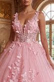 V-Neck Corset Long Pink Princess Quinceanera Dress with Butterflies