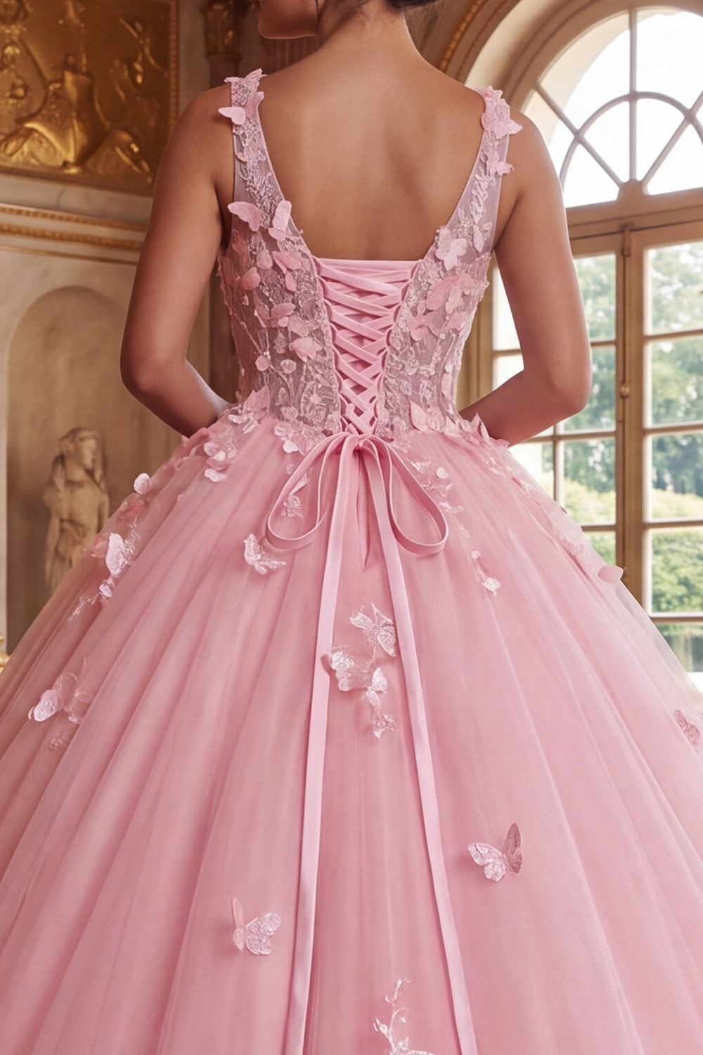 V-Neck Corset Long Pink Princess Quinceanera Dress with Butterflies