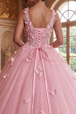 V-Neck Corset Long Pink Princess Quinceanera Dress with Butterflies