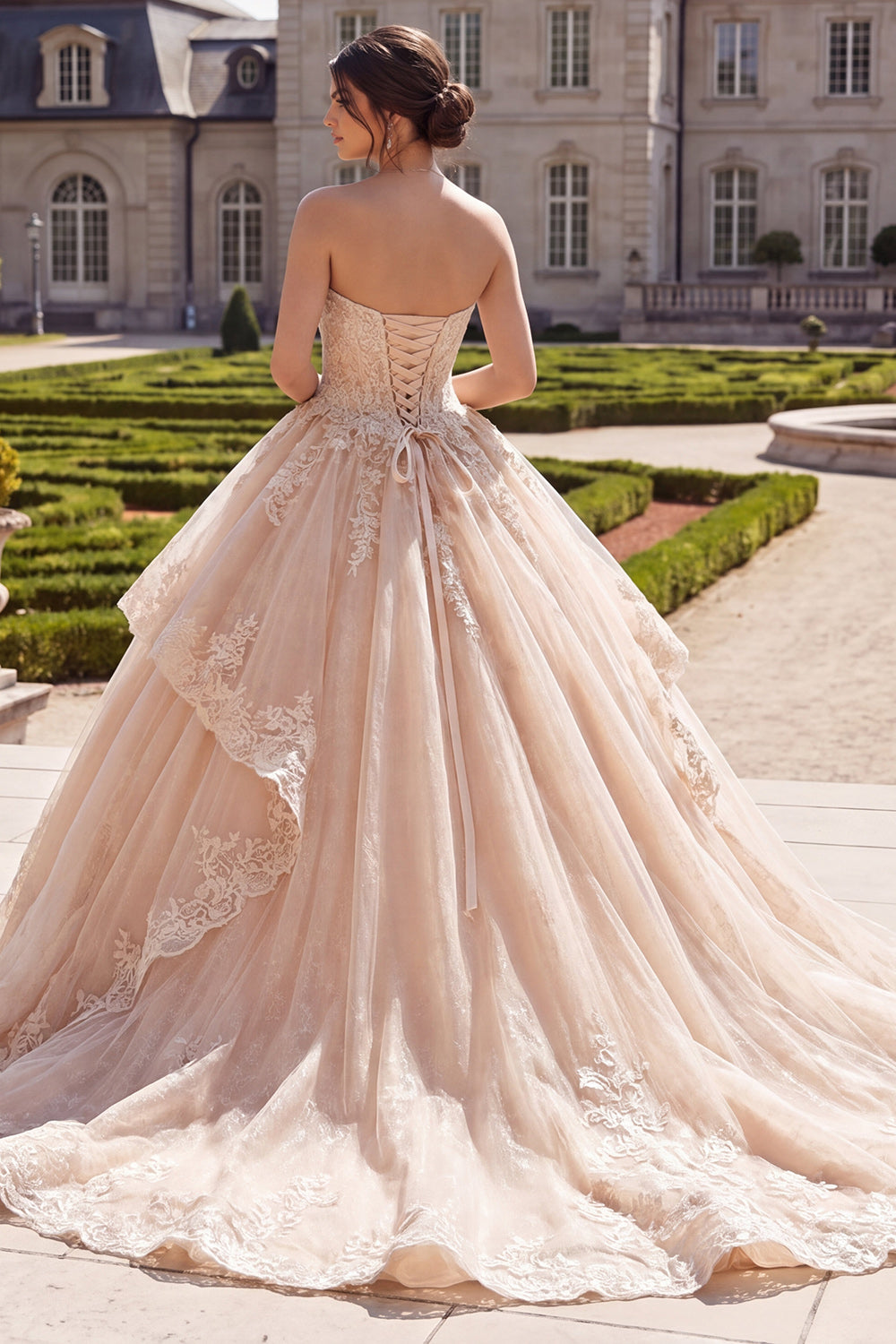 Strapless Champagne Glitter Princess Long Quinceanera Dress with Ruffles