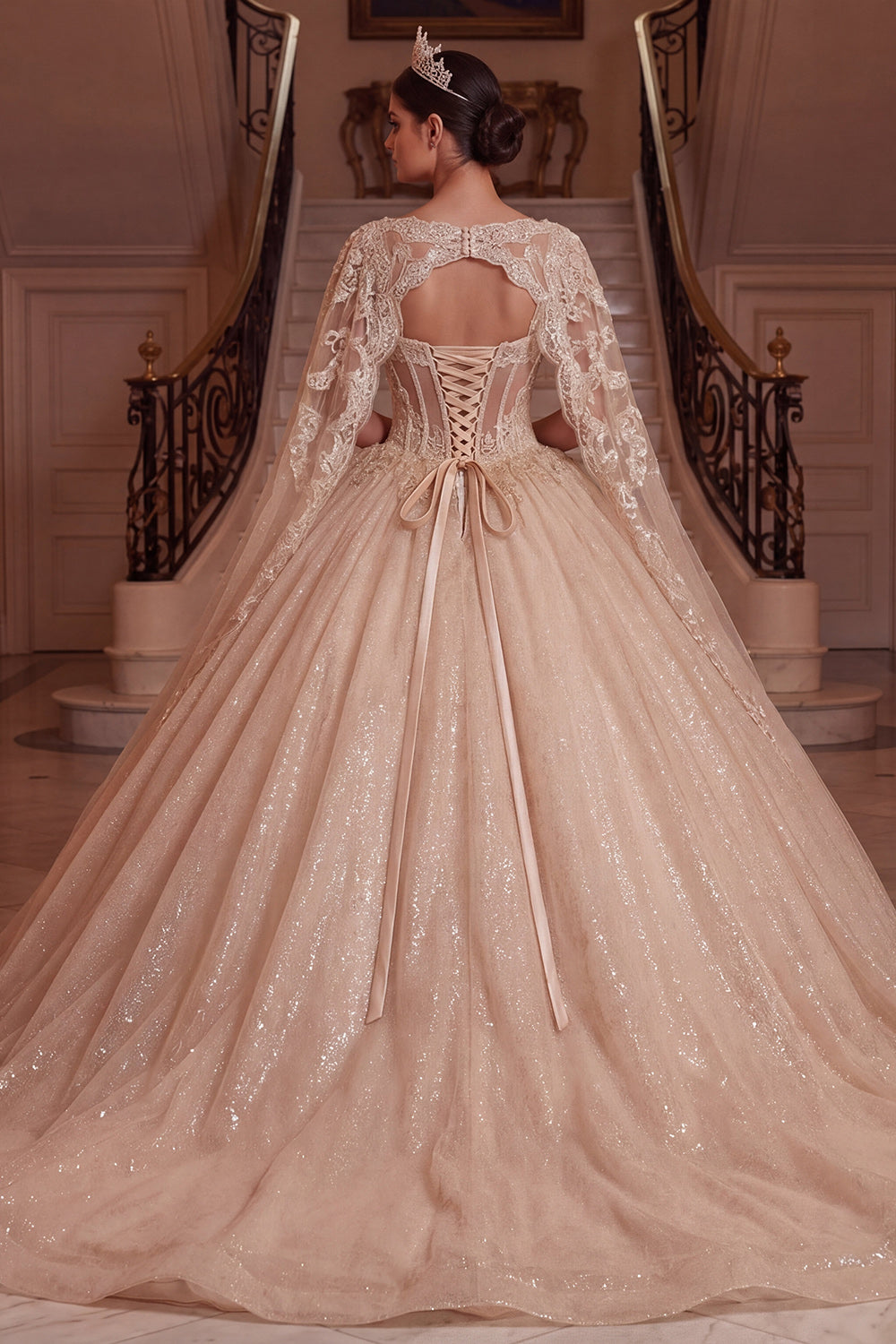 open lace back dress Zapakasa Women Champagne Corset Long Quinceanera Dress with Cape Princess  V-Neck Lace Up Back Glitter Ball Gown Sweet 16 Dress with Lace