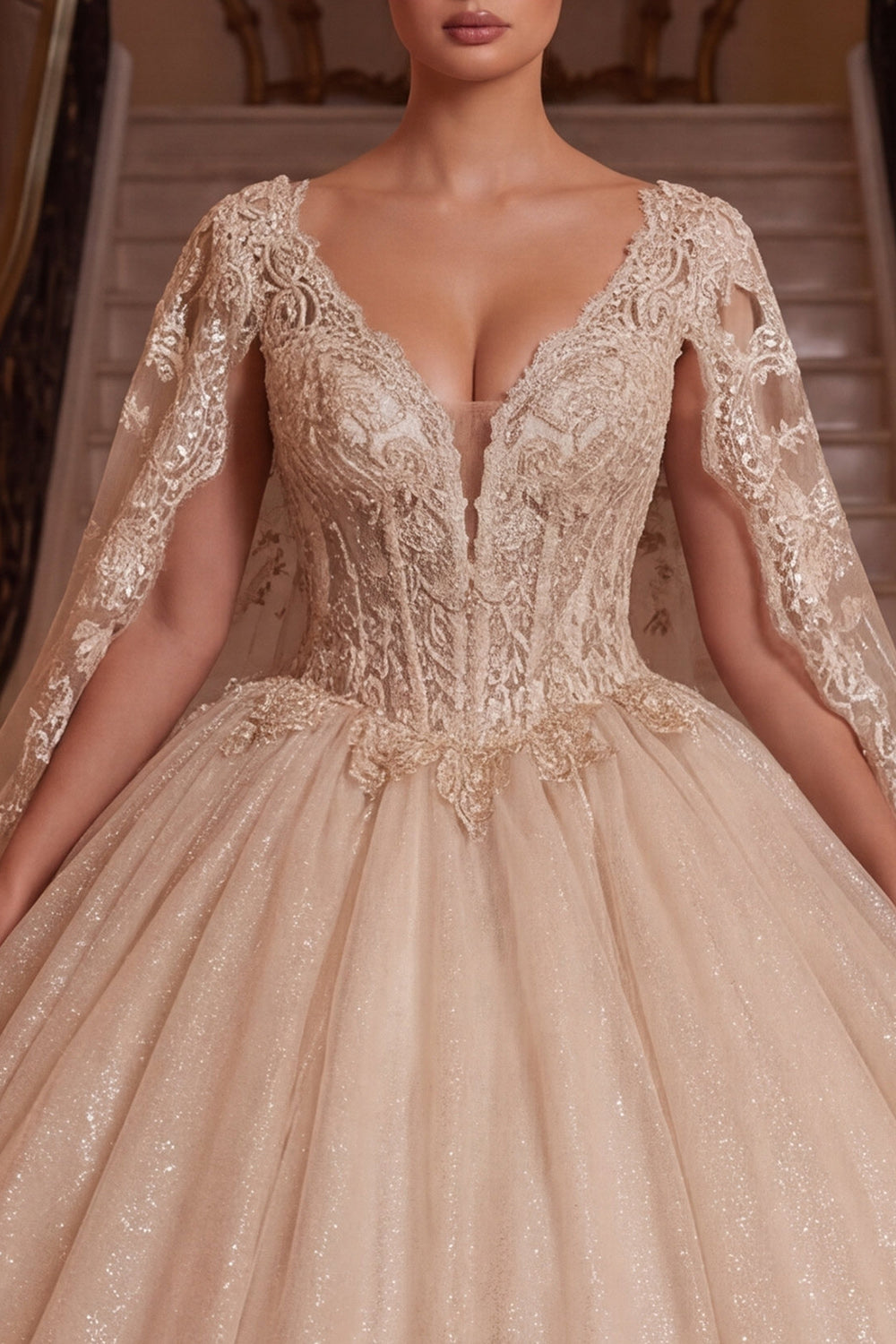 V-Neck Corset Champagne Glitter Princess Long Quinceanera Dress with Cape