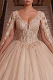 V-Neck Corset Champagne Glitter Princess Long Quinceanera Dress with Cape