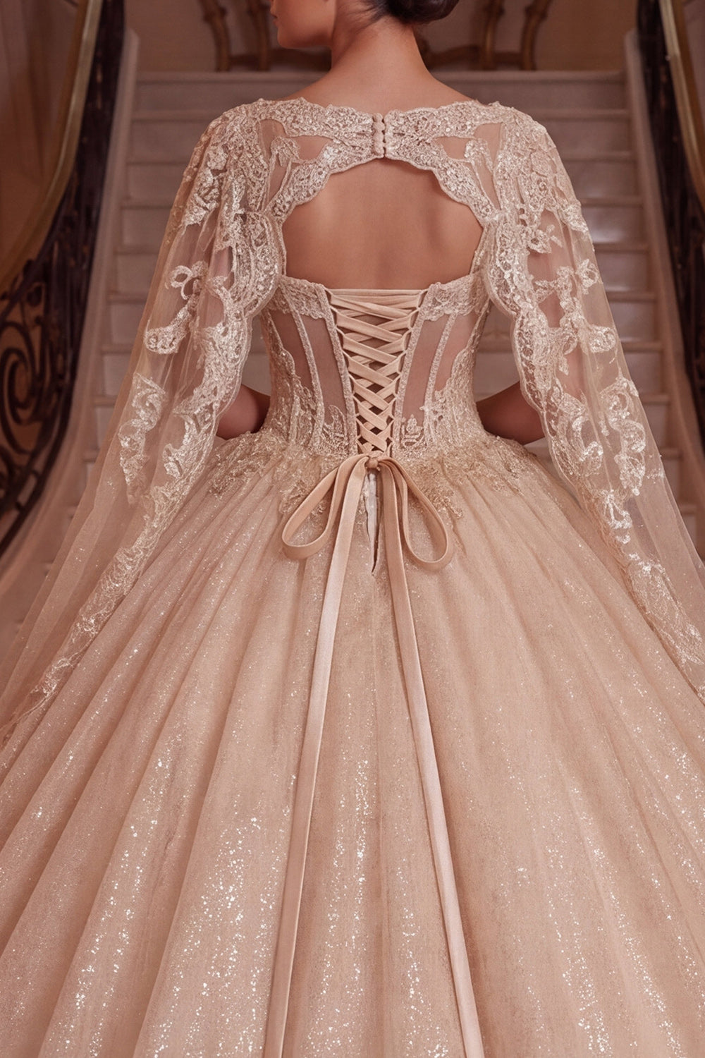 V-Neck Corset Champagne Glitter Princess Long Quinceanera Dress with Cape