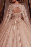 V-Neck Corset Champagne Glitter Princess Long Quinceanera Dress with Cape