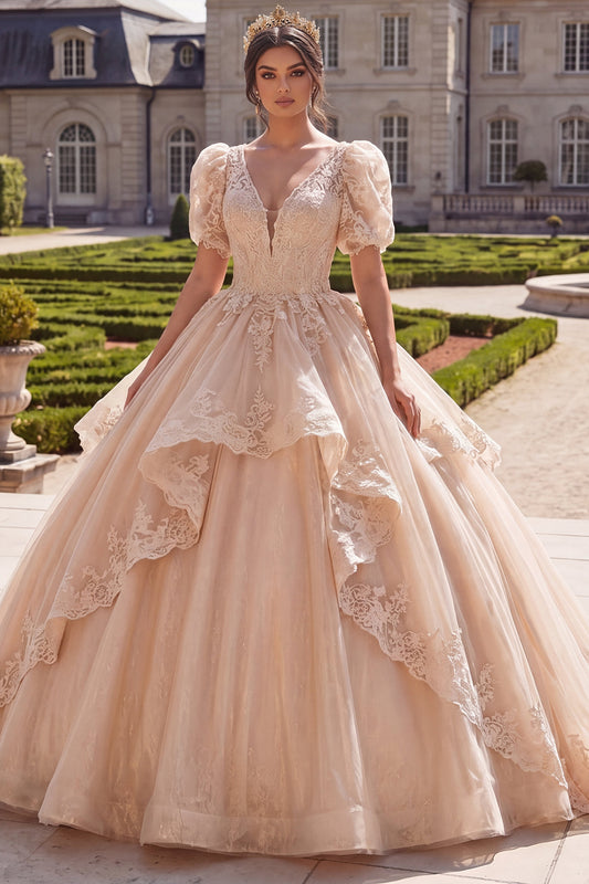 V-Neck Champagne Glitter Princess Long Quinceanera Dress with Ruffles