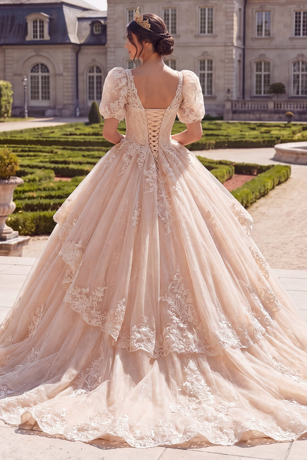 V-Neck Champagne Glitter Princess Long Quinceanera Dress with Ruffles