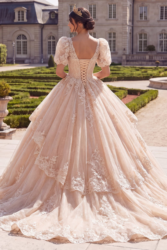 V-Neck Champagne Glitter Princess Long Quinceanera Dress with Ruffles