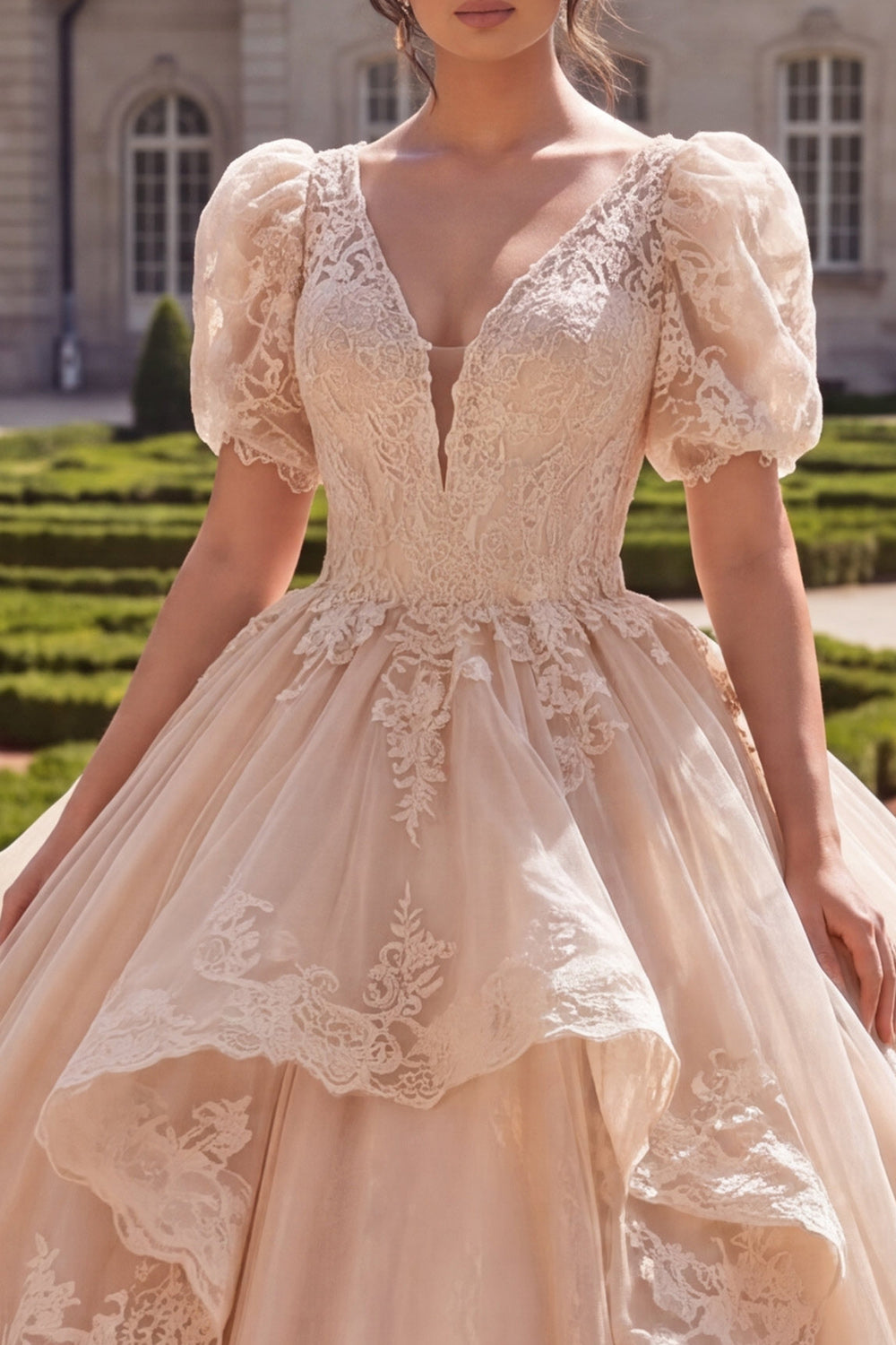 V-Neck Champagne Glitter Princess Long Quinceanera Dress with Ruffles