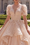 V-Neck Champagne Glitter Princess Long Quinceanera Dress with Ruffles