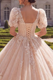 V-Neck Champagne Glitter Princess Long Quinceanera Dress with Ruffles