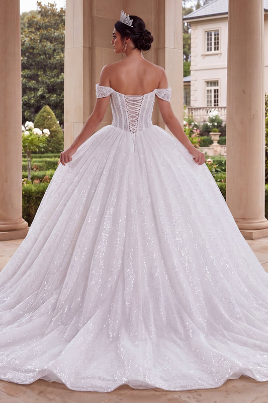 Sparkly White Off the Shoulder Princess Long Quinceanera Dress with Beading