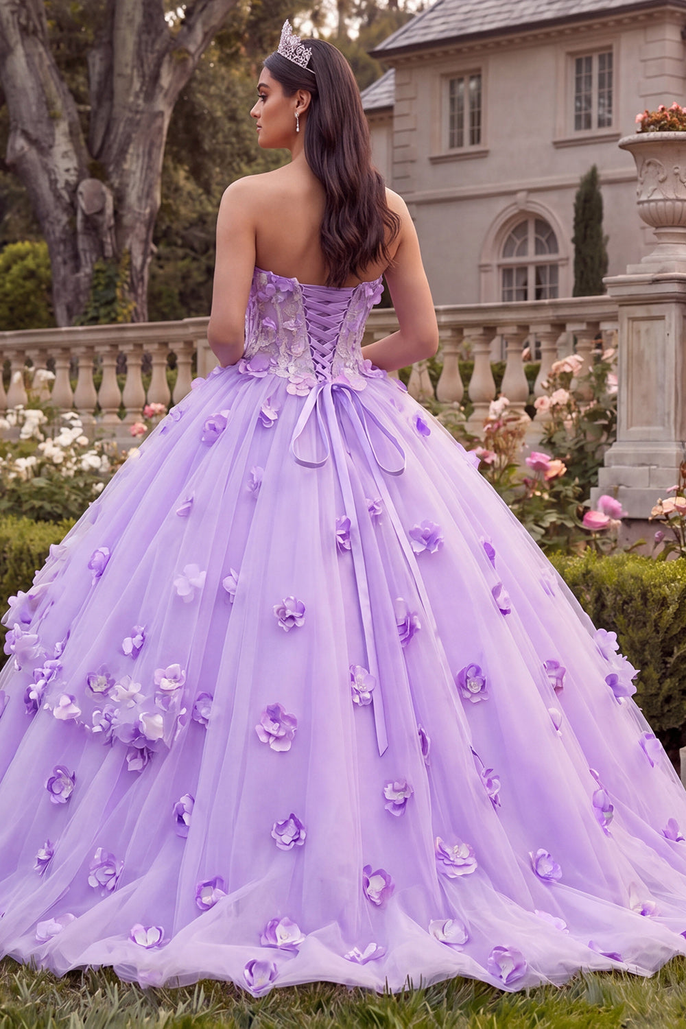 Lilac Strapless Corset Long Floral Princess Quinceanera Dress