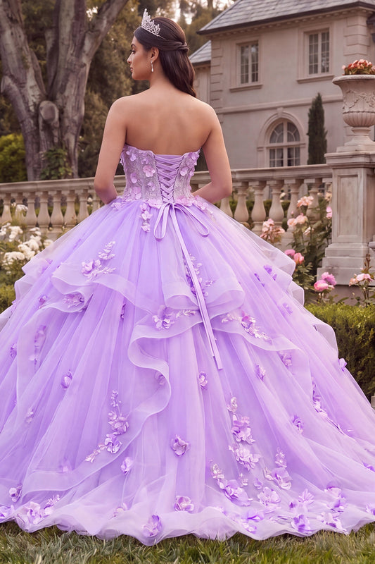 Long Floral Princess Lilac Strapless Corset Quinceanera Dress with Ruffles