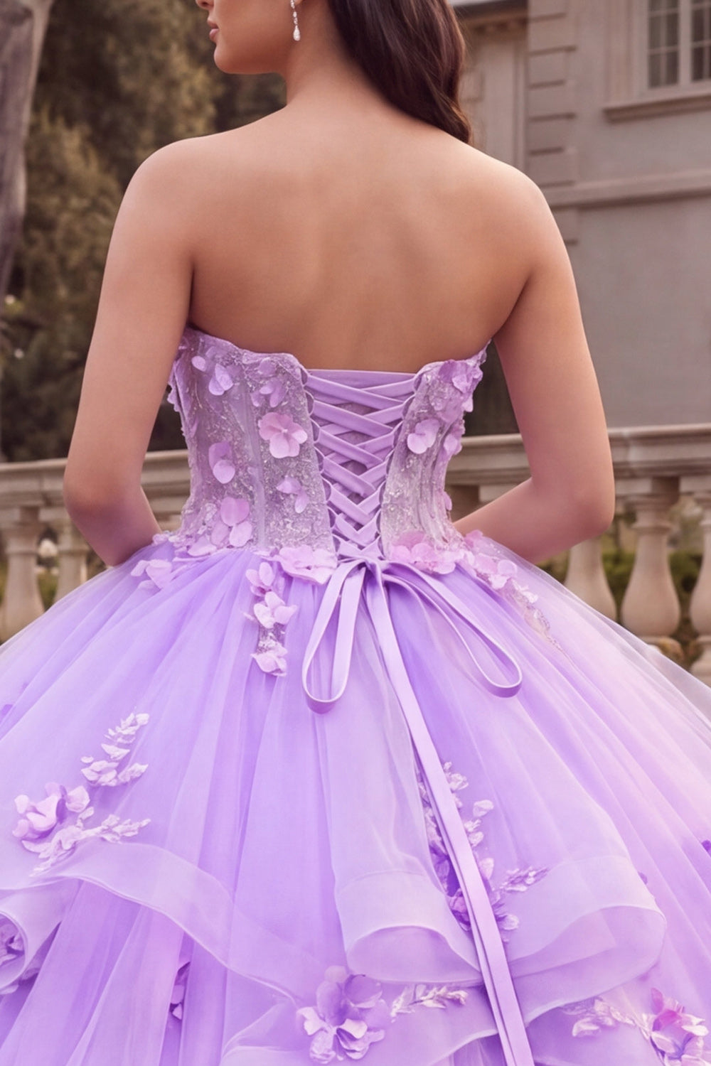 Long Floral Princess Lilac Strapless Corset Quinceanera Dress with Ruffles