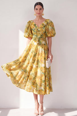 V-Neck Ruched Floral Butter Yellow A Line Maxi Beach Wedding Guest Dress