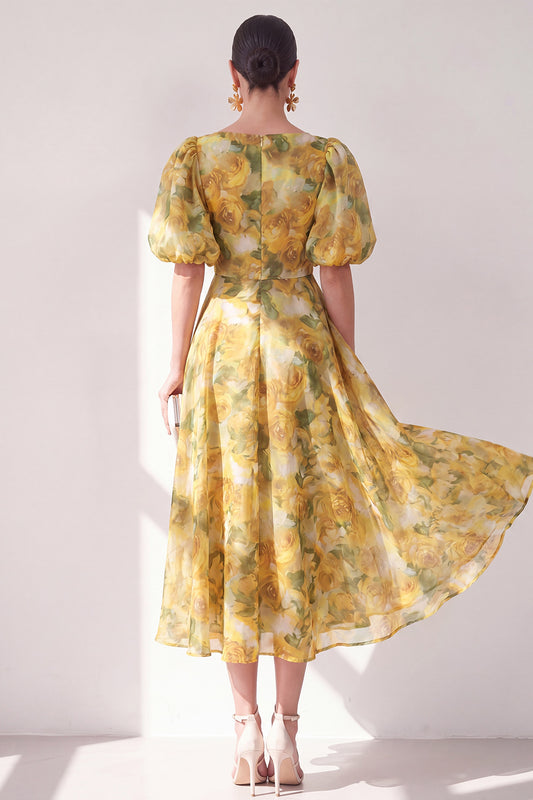 V-Neck Ruched Floral Butter Yellow A Line Maxi Beach Wedding Guest Dress