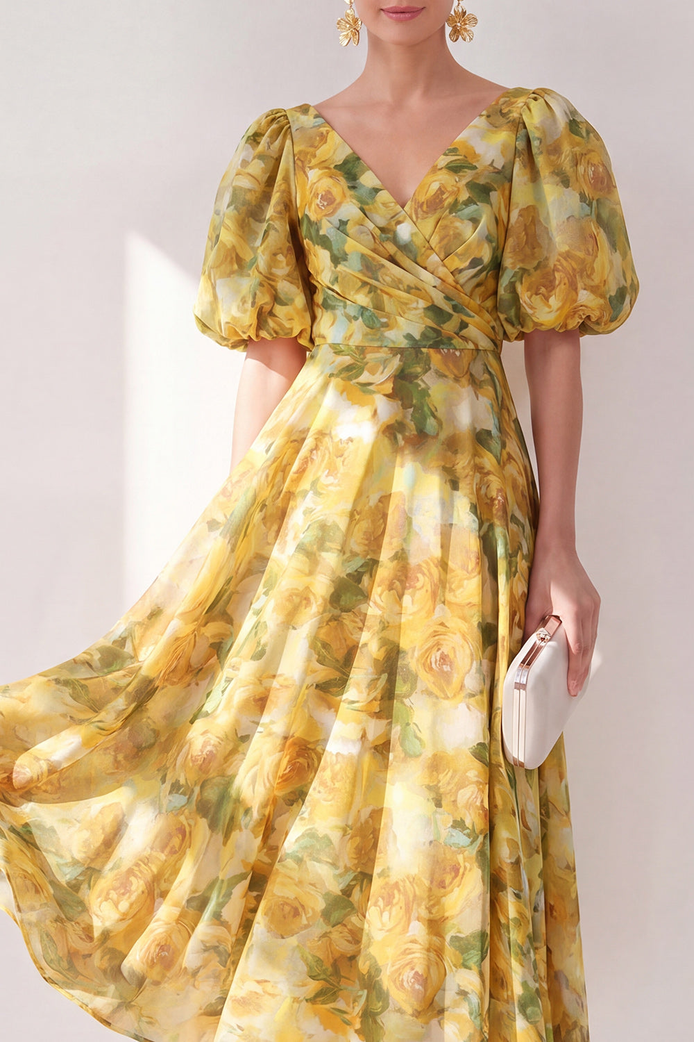V-Neck Ruched Floral Butter Yellow A Line Maxi Beach Wedding Guest Dress