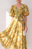 V-Neck Ruched Floral Butter Yellow A Line Maxi Beach Wedding Guest Dress