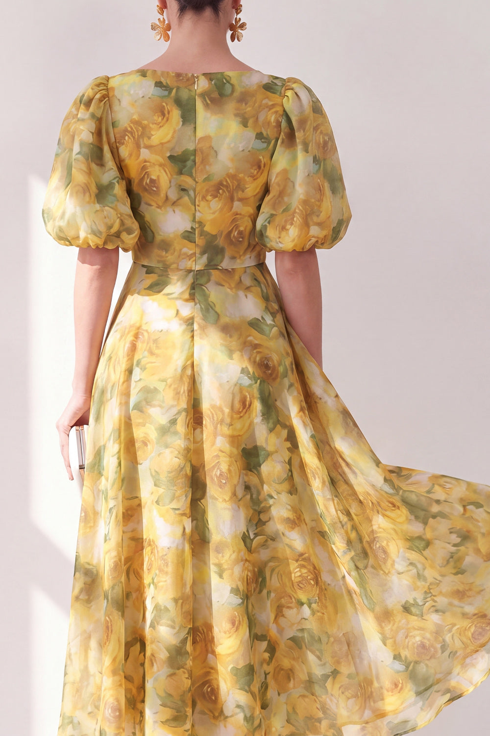 V-Neck Ruched Floral Butter Yellow A Line Maxi Beach Wedding Guest Dress