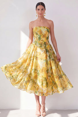 Butter Yellow Strapless Floral A Line Maxi Beach Wedding Guest Dress
