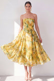 Butter Yellow Strapless Floral A Line Maxi Beach Wedding Guest Dress