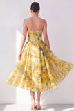 Butter Yellow Strapless Floral A Line Maxi Beach Wedding Guest Dress