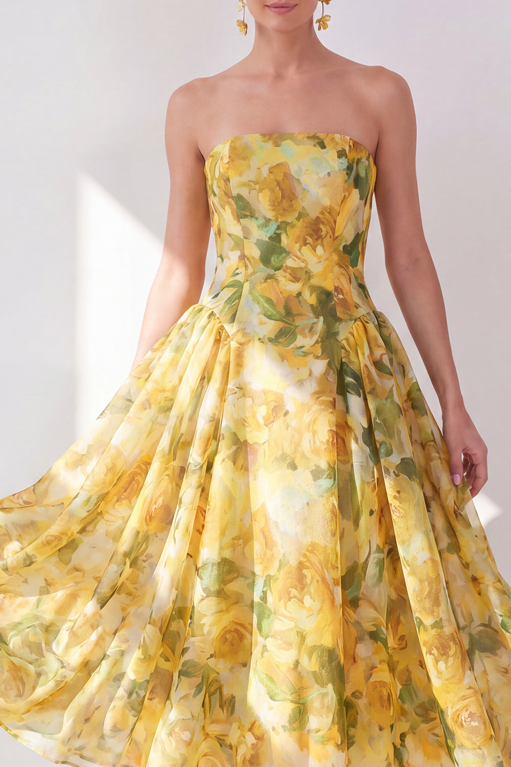 Butter Yellow Strapless Floral A Line Maxi Beach Wedding Guest Dress