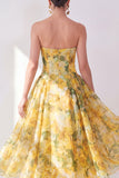 Butter Yellow Strapless Floral A Line Maxi Beach Wedding Guest Dress