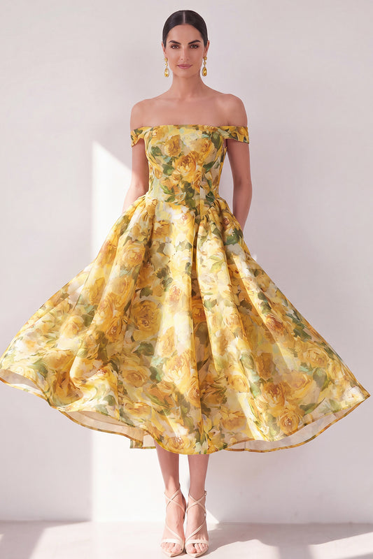 A Line Maxi Butter Yellow Floral Beach Wedding Guest Dress