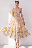 Apricot Strapless Floral A Line Maxi Wedding Guest Dress