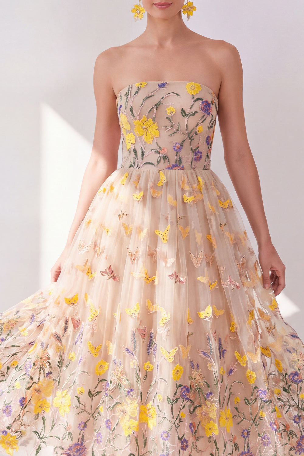 Apricot Strapless Floral A Line Maxi Wedding Guest Dress
